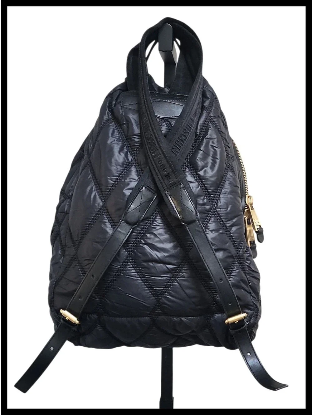 MOSCHINO Quilted Stitch Logo Backpack Gold Studded Hardware Key Ring Nylon Black